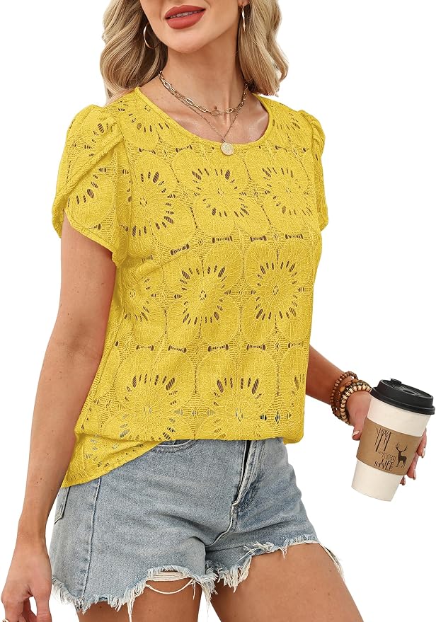 OFEEFAN Blouses for Women Dressy Casual Petal Short Sleeve Shirts Crochet Lace Boho Tops Spring Fashion Summer Outfits - Image 4