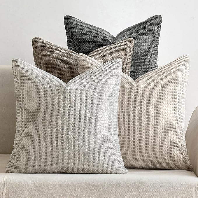 MIULEE Pack of 4 Couch Throw Pillow Covers 20x20 Inch Neutral Soft Decorative Chenille Pillow Covers Farmhouse Boho Cushion Covers for Mid Century Modern Spring Home Decor Sofa Bedroom Living Room by MIULEE