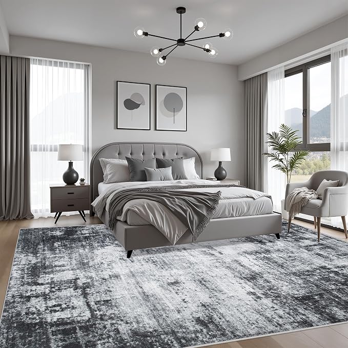 4x6 Area Rug Living Room Rug: Washable Modern Abstract Soft Thin Rug Indoor Floor No Slip Stain Resistant Carpet for Bedroom Dining Room Farmhouse Nursery Home Office - Dark-Black - Image 3