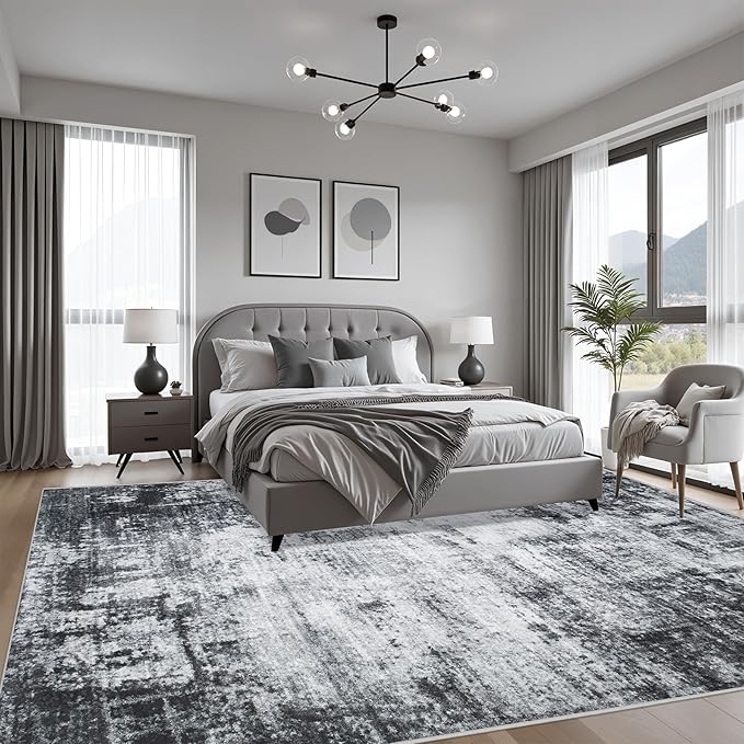 5x5 Area Rug Living Room Rug: Washable Modern Abstract Soft Thin Rug Indoor Floor No Slip Stain Resistant Carpet for Bedroom Dining Room Farmhouse Nursery Home Office - Dark Black - Image 3