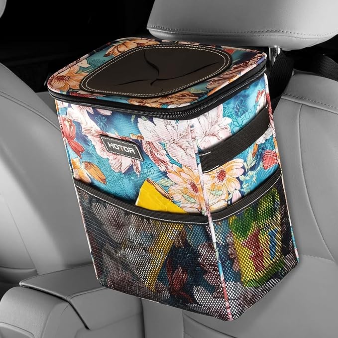 HOTOR Car Trash Can with Lid and Storage Pockets - 100% Leak-Proof Organizer, Waterproof Garbage Can, Multipurpose Trash Bin for Car, 2 Gallons, Blue Flower by HOTOR