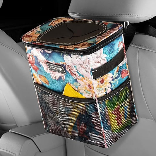 HOTOR Car Trash Can with Lid and Storage Pockets - 100% Leak-Proof Organizer, Waterproof Garbage Can, Multipurpose Trash Bin for Car, 2 Gallons, Blue Flower by HOTOR