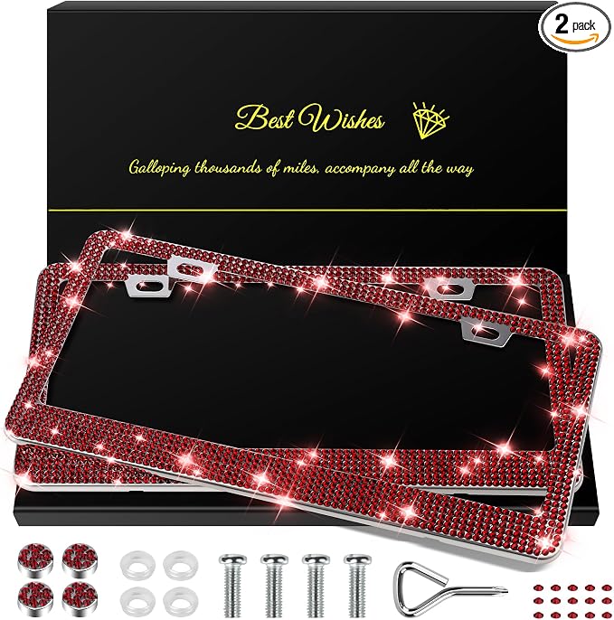 QUANQIUFEI 2 Pack Bling License Plate Frames for Women, Sparkly Rhinestone Diamond Car Accessories with Glitter Crystal Caps (Burgundy) by QUANQIUFEI