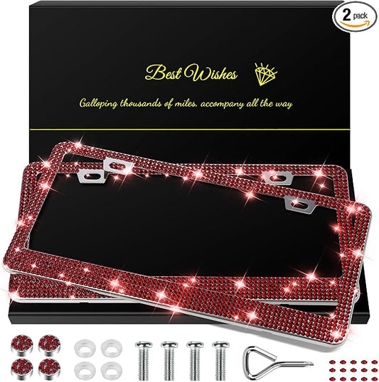 QUANQIUFEI 2 Pack Bling License Plate Frames for Women, Sparkly Rhinestone Diamond Car Accessories with Glitter Crystal Caps (Burgundy) by QUANQIUFEI