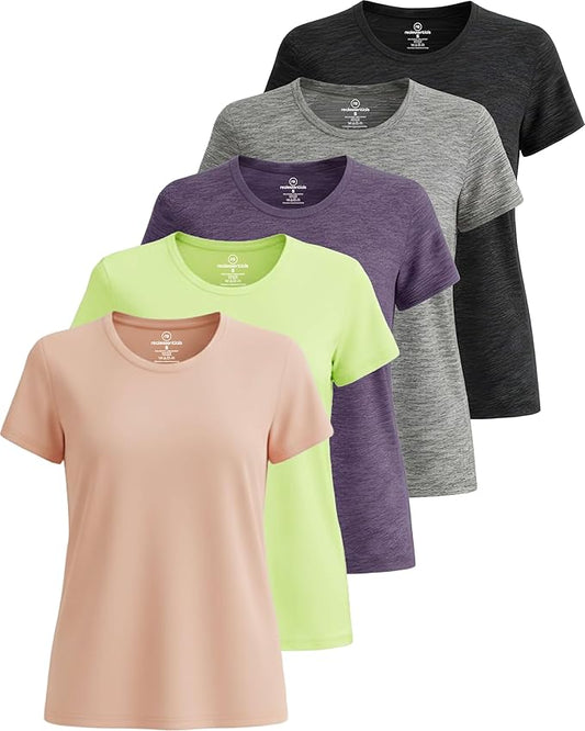 5 Pack Women's Dry Fit Short Sleeve Athletic Gym Workout Running Tops | Available in Plus Size, Exercise, Sports, Fitness, Quick Dry, Cooling, Moisture Wicking, Loose Basic Tees, Yoga, Pilates by RealEssentials