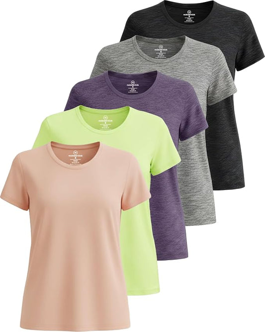 5 Pack Women's Dry Fit Short Sleeve Athletic Gym Workout Running Tops | Available in Plus Size, Exercise, Sports, Fitness, Quick Dry, Cooling, Moisture Wicking, Loose Basic Tees, Yoga, Pilates by RealEssentials