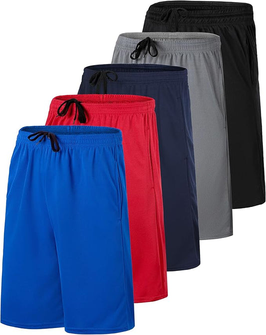 5 Pack Men's Mesh Shorts Athletic Basketball Sports Gym Workout Pockets | Cooling Moisture-Wicking, 9", Long, Quick-Dry, Breathable, Elastic Drawstring Waistband. Running, Exercise, Soccer, Training. by RealEssentials