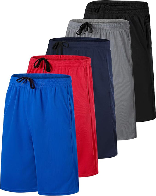 5 Pack Men's Mesh Shorts Athletic Basketball Sports Gym Workout Pockets | Cooling Moisture-Wicking, 9", Long, Quick-Dry, Breathable, Elastic Drawstring Waistband. Running, Exercise, Soccer, Training. by RealEssentials