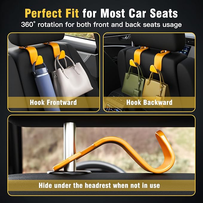 Amooca Car Seat Headrest Hook 4 Pack Hanger Universal Vehicle Car Storage Organizer for Handbag Purse Coat S Type Yellow - Image 3