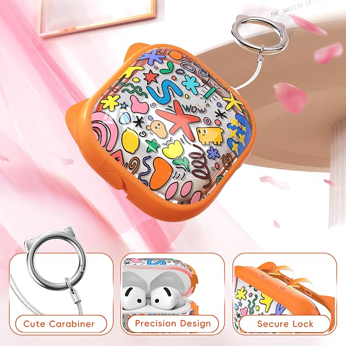 for AirPods 4 Case with Cleaning Kit, Cute Cat Ear Print Design & Cute Buckle, Inverted Phone Holder Design, Top Safe Lock Buckle Design, for Girls AirPods 4 case 2024, Orange Seaworld - Image 5