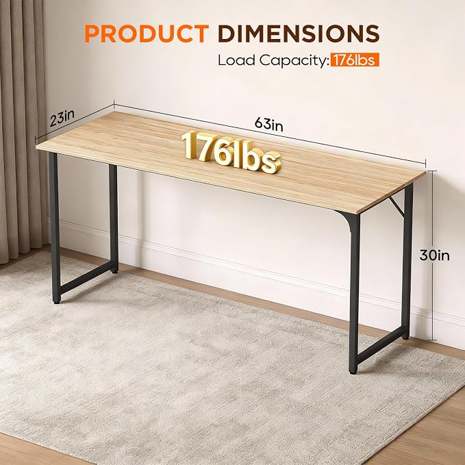 PayLessHere | 63 Inch Computer Desk | Nature | Office Desk with Metal Frame, Adjustable Feet | Water-Resistant, Scratchproof Surface | Sturdy Writing Table for Home Office or Study | Pack of 1 - Image 3