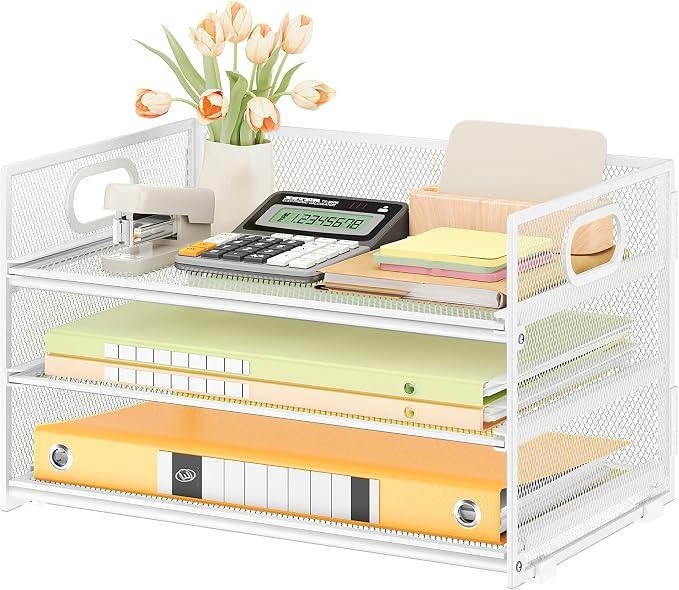 Subekyu 3 Tier Letter Tray Paper Organizer with Handle, 1 PC Sliding Tray, White Metal Mesh Desk File Folder Paper Sorter Organizer for Home Office School Desk Supplies Organization Storage by SUBEKYU