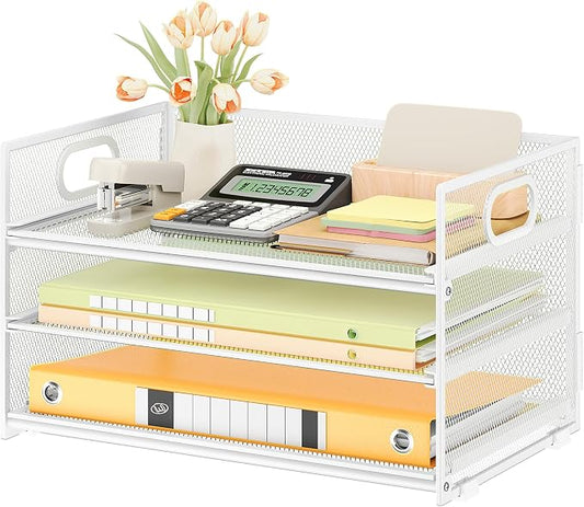 Subekyu 3 Tier Letter Tray Paper Organizer with Handle, 1 PC Sliding Tray, White Metal Mesh Desk File Folder Paper Sorter Organizer for Home Office School Desk Supplies Organization Storage by SUBEKYU