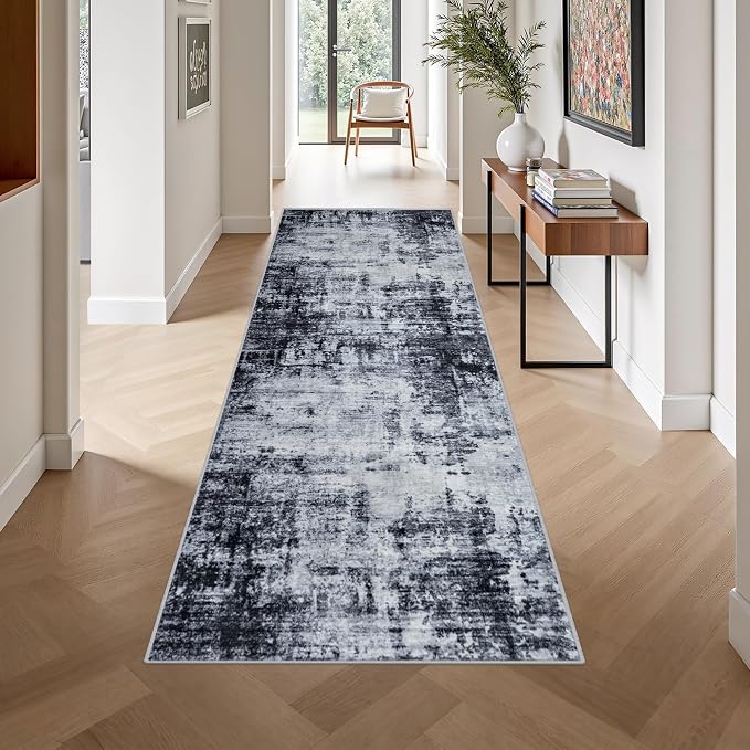 Washable Area Rug 3x10 Entryway Rug: Washable Modern Abstract Soft Thin Rug Indoor Floor No Slip Stain Resistant Carpet for Bedroom Dining Room Farmhouse Nursery Home Office - Dark Black - Image 4