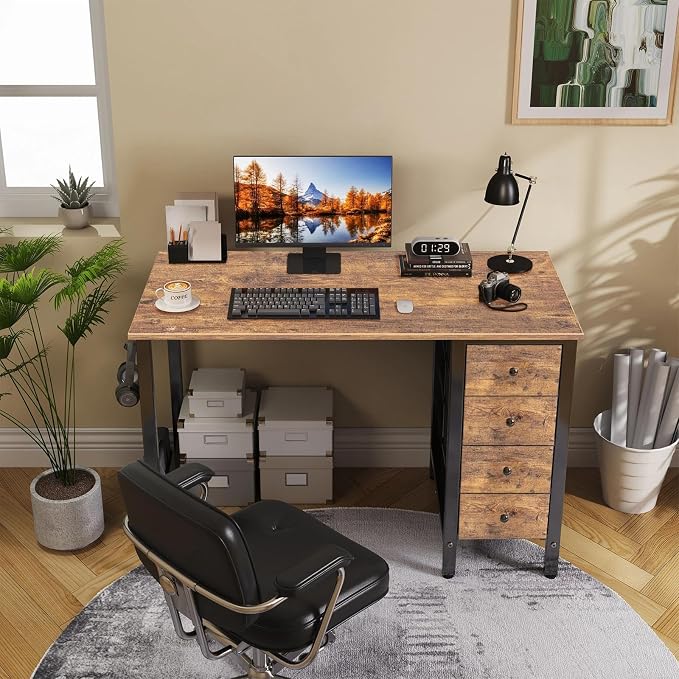 Lufeiya 40 inch Computer Desk with 4 Fabric Drawers, Kids Student Reversible Small Desks for Home Office Small Space, Work PC Desk Table for Bedroom, Rustic Brown - Image 2
