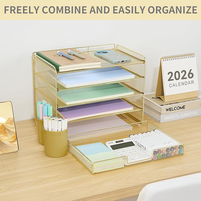 LEKETREE Desk Organizers and Accessories, 5-Tier Paper Letter Tray Organizer with Drawer & 2 Pen Holders, Desktop Organizer for Office Supplies (Gold) - Image 7