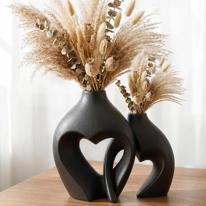 Black Ceramic Flower Vases Home Decor Heart Shaped Vase Set of 2 | Nordic Heart Shaped Vases Minimalist Decorative Vase for Table Centerpiece Wedding Dining Living Room Office House Decoration by Zormon