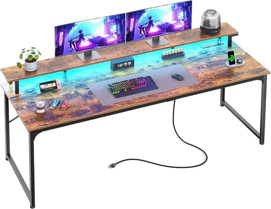 PRAISUN 63 inch Gaming Desk, LED & Outlets, Monitor Stand, Rustic Brown | Sturdy PC Desk for Home Office, Study & Work, LED Lights, 4 AC Outlets & USB-C Charging Station by PRAISUN