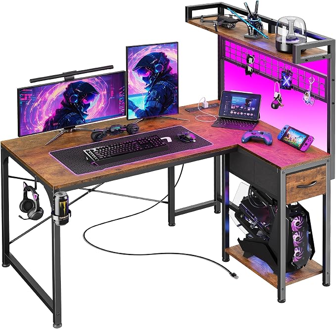 PRAISUN L Shaped Gaming Desk with Shelves, Corner Computer Table with LED Lights, Power Outlets and USB-C Ports, 42 Inch Reversible Home Office Desk with Storage Drawer, Work and Study, Rustic Brown by PRAISUN