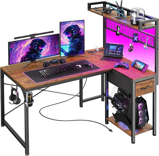 PRAISUN L Shaped Gaming Desk with Shelves, Corner Computer Table with LED Lights, Power Outlets and USB-C Ports, 42 Inch Reversible Home Office Desk with Storage Drawer, Work and Study, Rustic Brown by PRAISUN