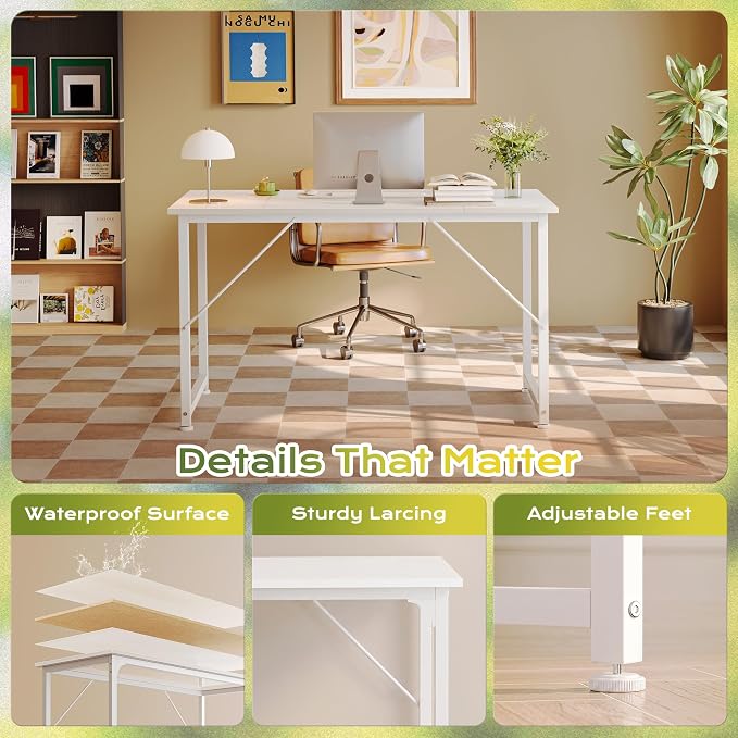 PRAISUN 47 Inch Computer Desk, Home Office Desk with Spacious Desktop, White - Image 6