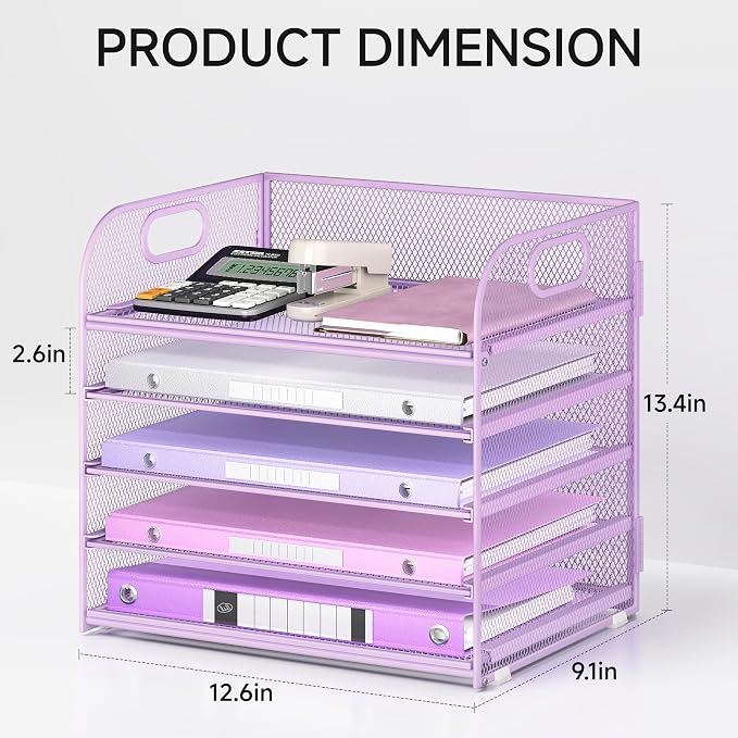 Lavatino Desk Letter Tray Paper Organizer, 5-Tier with Handle Metal Mesh Desktop File Organizer Paper Holder for Classroom Office Desk Accessories- Purple - Image 2