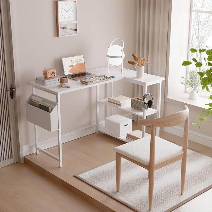 Pamray 40 Inch L Shaped Computer Desk with Reversible Side Storage Shelves, Small Corner Desk for Small Space Home Office, Writing Study Table PC Desk for Bedroom, White - Image 2