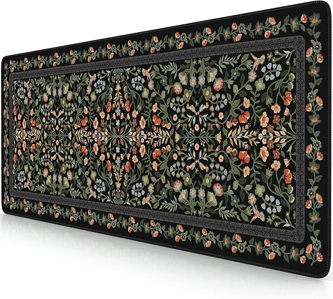 iCasso Aesthetic Floral Desk Mat,Retro Mouse Pads,31.5x11.8in, Black | Anti-Slip Mousepad with Stitched Edges, Waterproof Computer Pad, Desk Accessories Office Decor for Women by iCasso