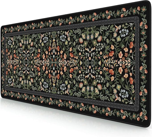 iCasso Aesthetic Floral Desk Mat,Retro Mouse Pads,31.5x11.8in, Black | Anti-Slip Mousepad with Stitched Edges, Waterproof Computer Pad, Desk Accessories Office Decor for Women by iCasso