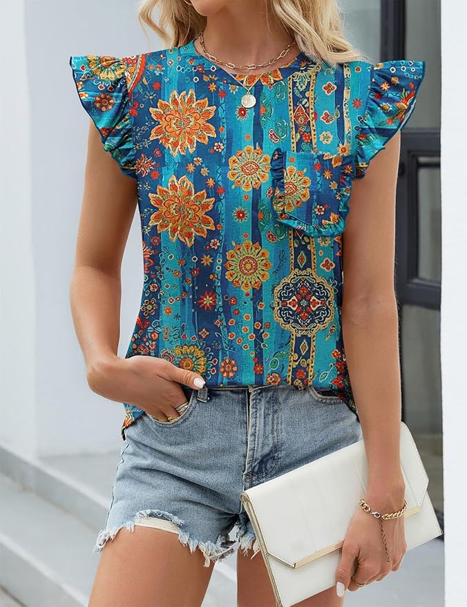 JUSTFASHIONNOW Womens Summer Tops Striped T-Shirts 2026 Ruffle Short Sleeve Crew Neck Casual Blouses with Pocket - Image 3