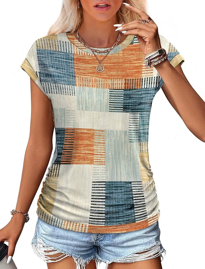 Sampeel Womens Summer Tops Trendy 2026 Ruched Cap Short Sleeve Tshirts Shirts Crew Neck T Shirts Fashion - Image 2