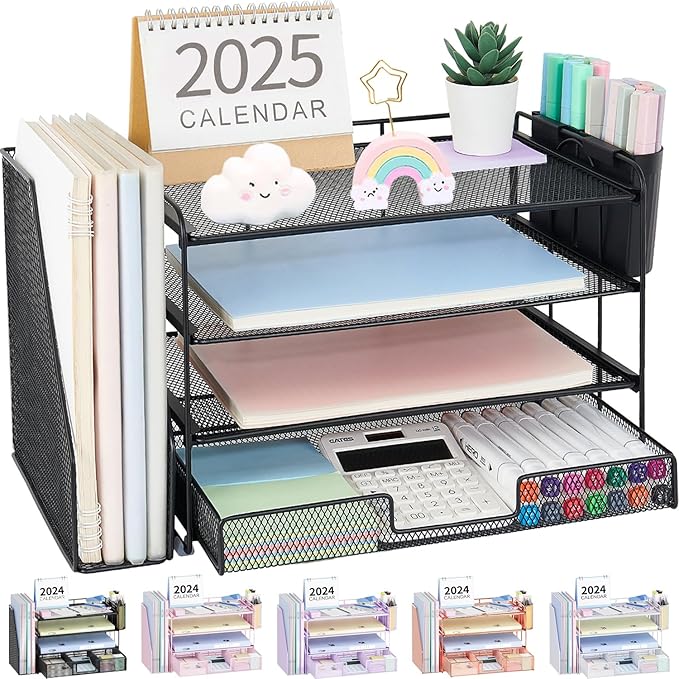 OPNICE Desk Organizer, 4-Tier Desktop File Organizer with Drawer and Pen Holders, Office Desk Accessories, File Sorters, Workspace Organizers for Office Supplies(Black) by OPNICE