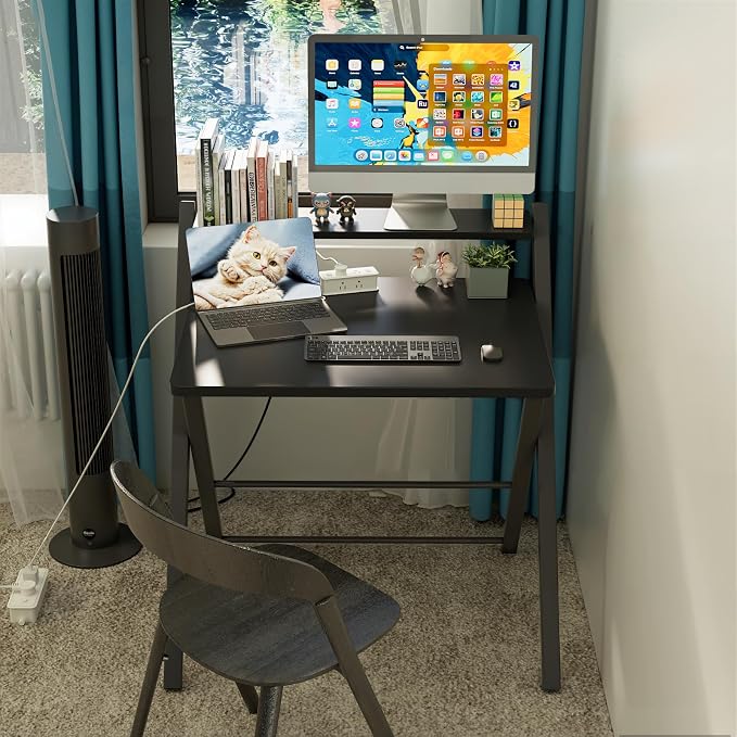 GreenForest Folding Desk No Assembly, Sturdy Computer Desk for Small Spaces | Portable Foldable Table for Laptop, 2-Tier Compact with Shelf, Space Saving for Home Office, Dorm, Apartment 24.5"x 30" Black - Image 2