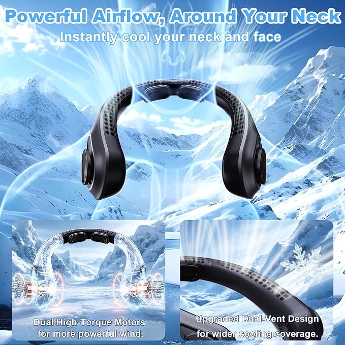 Portable Neck Fan Rechargeable - [with LED Display] 5 Speeds, 5000 mAh Battery Operated Wearable Personal Cooling Bladeless Fan for Outdoor Travel, Gifts for Men Women Kids,Black - Image 3