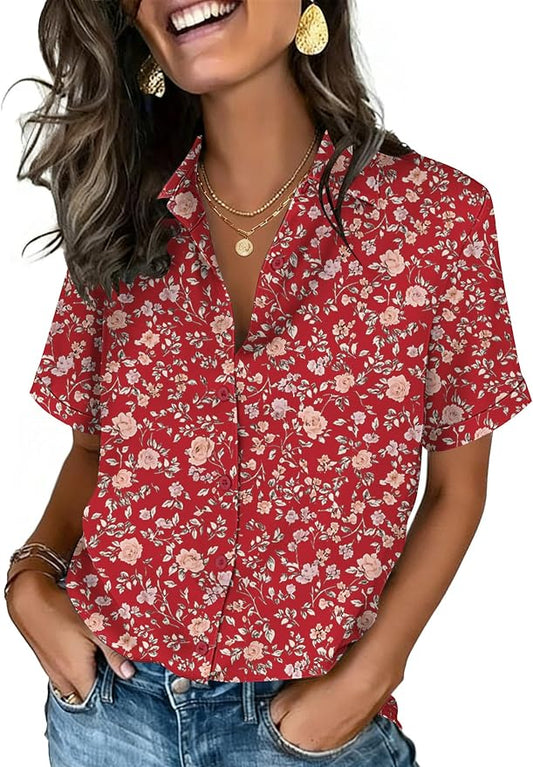 Zeagoo Button Down Shirts for Women Short Sleeve Collared Tops Dressy Casual V Neck Blouses by Zeagoo