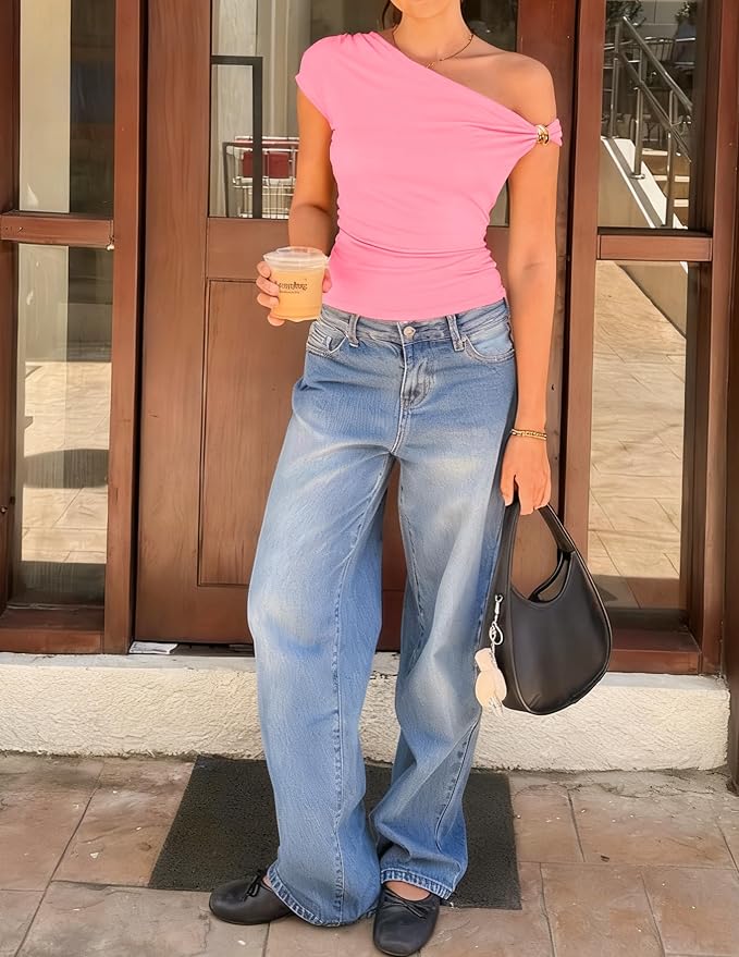 ZESICA Women's 2026 Summer Off Shoulder Tops Going Out Sexy Y2k Shirts Spring Cap Sleeve Ruched Asymmetrical Blouses - Image 4