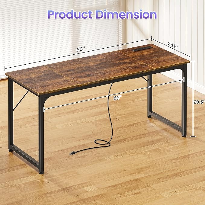 PRAISUN 63 X 24 Inch Computer Desk, Power Outlets, USB-C, Rustic Brown | Office Desk with 4 AC Outlets, USB & USB-C, Sturdy Metal Frame, Spacious Desktop for Work, Writing, Study & Gaming - Image 3
