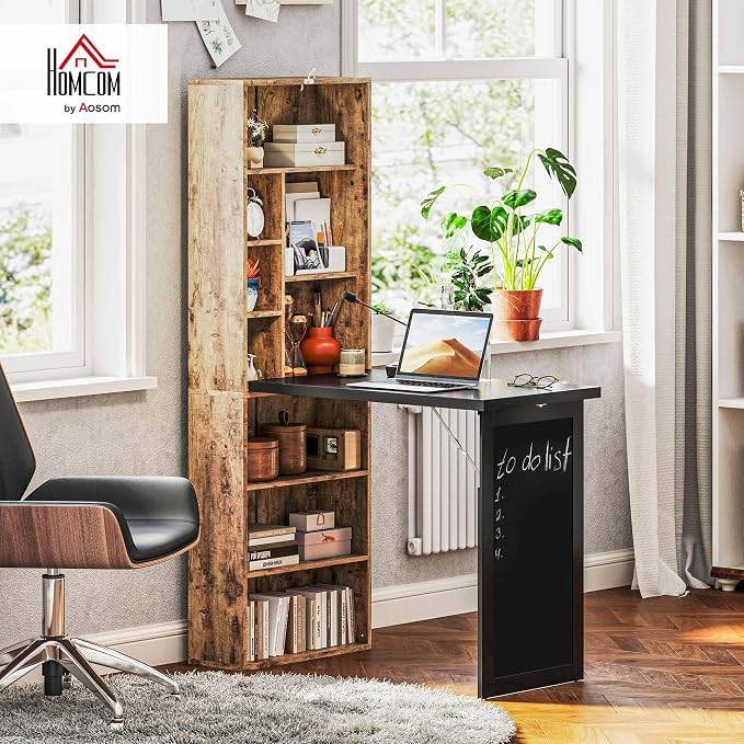 HOMCOM Foldable Desk Wall Mounted Convertible Table, Rustic Brown | Wall Mounted, Space-Saving, Chalkboard, Storage Shelves, for Small Spaces, Home Office, Bedroom, Dorm, Apartment - Image 2