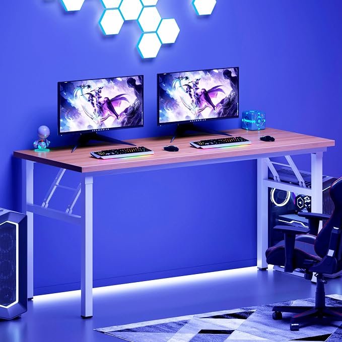 Need Office Computer Desk 54.3 Inch Sturdy Folding Laptop Table Teak | White Frame Writing Gaming Work Table/Foldable Home Office Desk/Sewing Table, No Assembly Required - Image 2