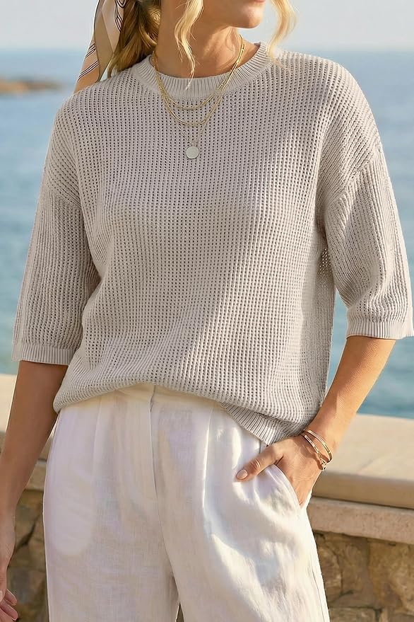 Arach&Cloz Womens Summer 100% Cotton Oversized Crochet Tops 3/4 Length Sleeve Sweater Hollow Out Casual Blouses 2026 - Image 2