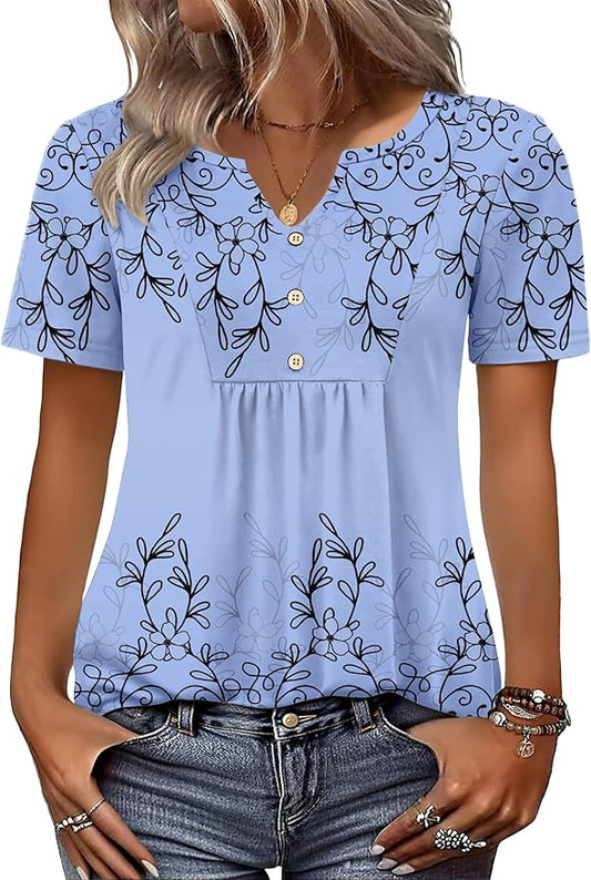 Zeagoo Womens Short Sleeve Tops Summer Henley V-Neck Tshirts Casual Pleated Blouse Dressy Loose Floral Basic Tee by Zeagoo