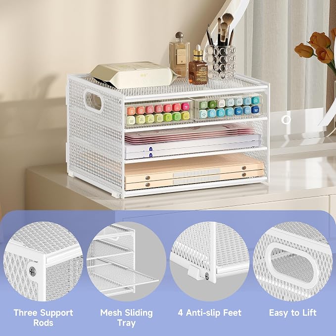 Subekyu Paper Letter Tray Organizer for Desk, White Metal Mesh Desk File Sorter Organizer with Handle and 2 Sliding Trays for Home Office School Supplies Organization - Image 7