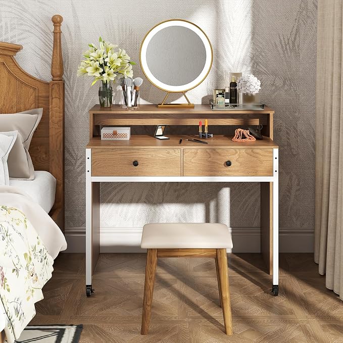 Giantex Small Computer Desk with Hutch & Drawers, Extendable Writing Desk w/Pull Out Secondary Table, Monitor Stand & Rolling Wheels, Console Table, Compact Desk for Small Spaces (Natural) - Image 4