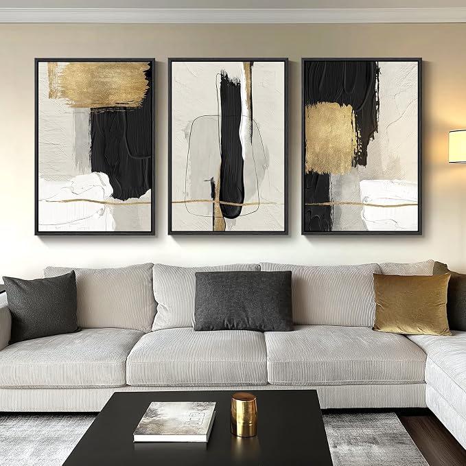 Large Framed Black and White Abstract Wall Art for Living Room, 3 Piece Big Canvas Prints Paintings Artwork for Walls, Modern Minimalist Black Gold Pictures for Hallway Office Wall Decor 24x36 Inch by Cuspin