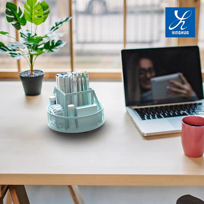 YINGHUA Metal Mesh Desk Organizer with 5 Compartments and Rotating Pencil Holder Pen and Stationery Organizer for Office Home School Anti Slip Base Blue - Image 7