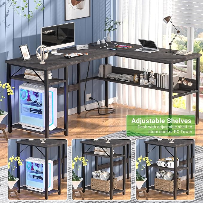 Unikito Reversible L Shaped Desk with Magic Power Outlets and USB Charging Ports, Sturdy Corner Computer Desk with Storage Shelves, Gaming Table Home Office Desk, Easy to Assemble, Enoch Walnut - Image 6
