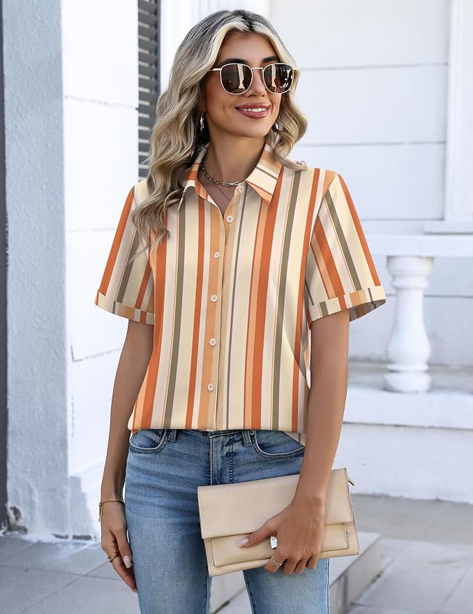 Zeagoo Button Down Shirts for Women Short Sleeve Collared Tops Dressy Casual V Neck Blouses - Image 2