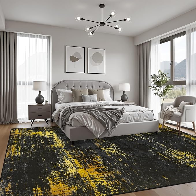 6x9 Area Rug Living Room Rug: Washable Modern Abstract Soft Thin Rug Indoor Floor No Slip Carpet for Bedroom Dining Room Farmhouse Nursery Home Office - Dark Black Gold - Image 4