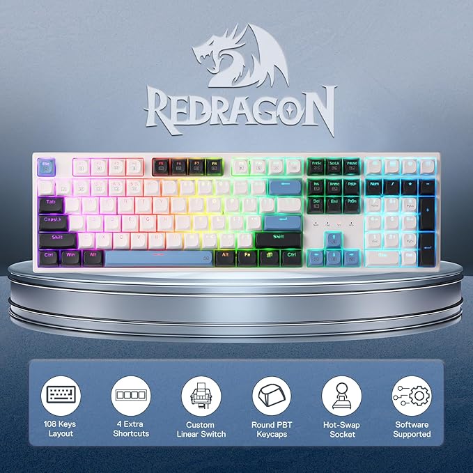 Redragon K668 108-Key Hot-Swap Wired RGB Gaming Keyboard, Extra 4 Hotkeys | Dedicated Shortcut Keys for Mute, Calc & Desktop, Cushioned Noise Dampening for Creamy Thocky Sound, Swap-Ready, PRO Software - Image 2