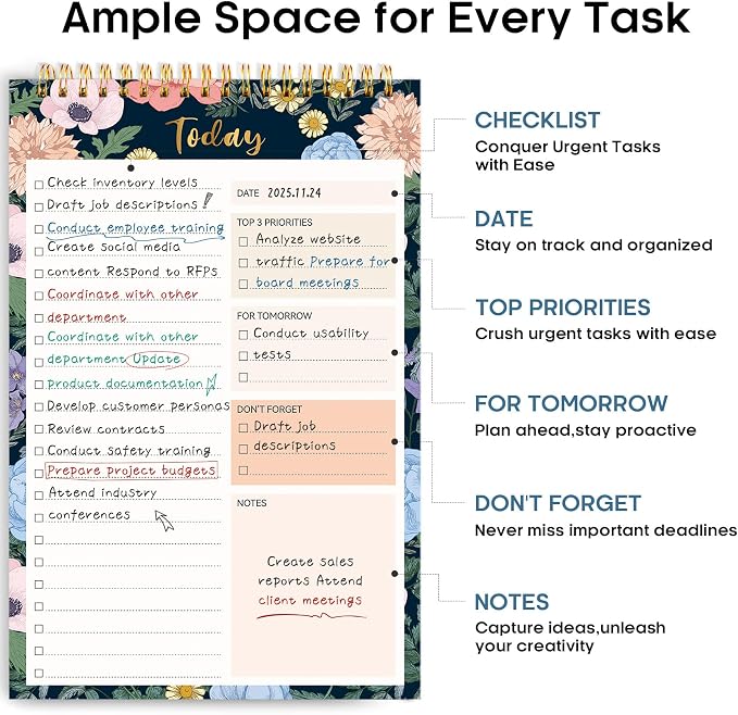 Taja To Do List Notepad, Undated Daily Planner for Work and Goal Setting | Floral Symphony, 52 Sheets, 9.8" x 6.5" , for Office, Home and school, Daily Task Planning, Notes and Everyday Organization - Image 2